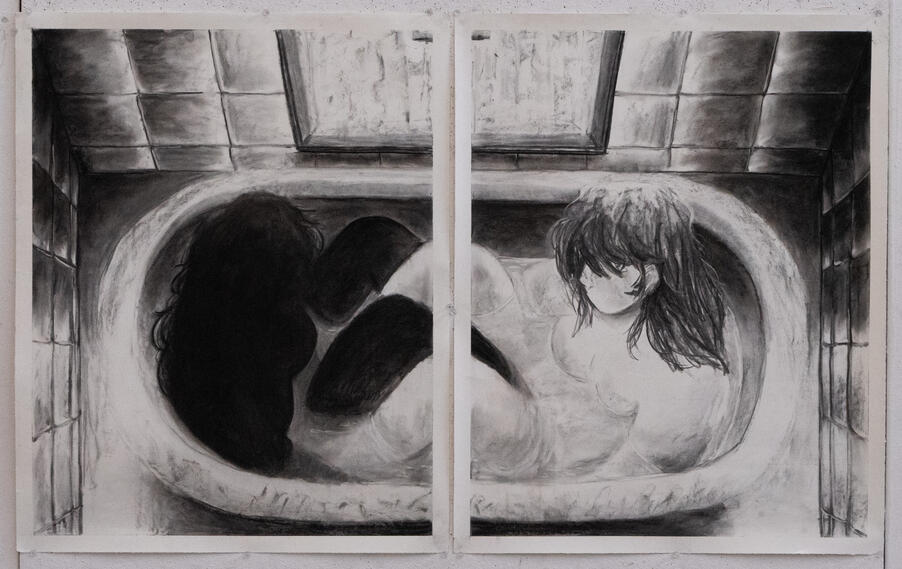 Re-Evaluate, 2025, Charcoal Diptych, Each 24" x 30"